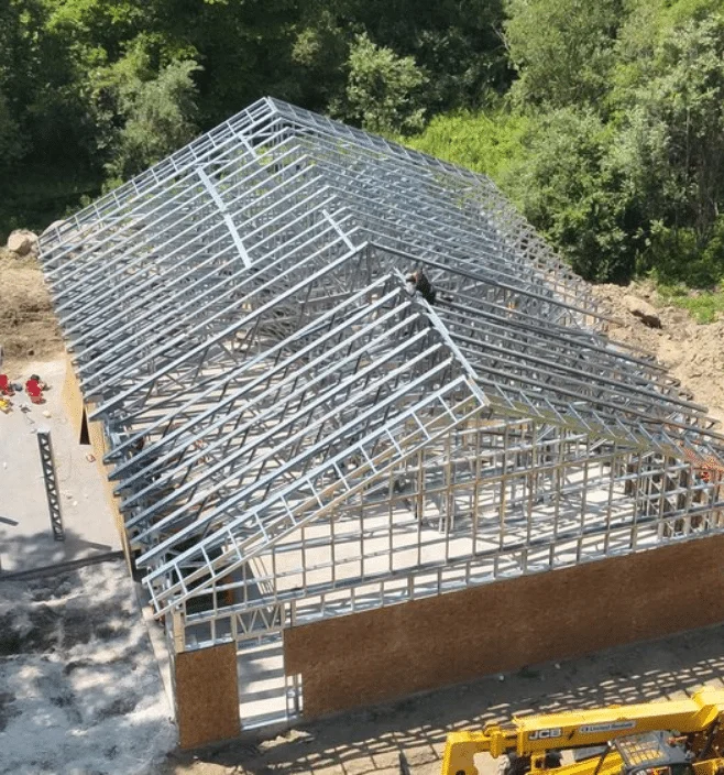 Aerial view of steel frame barndominium construction in South Carolina