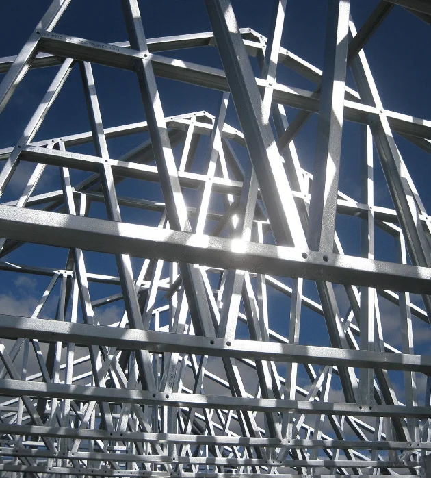 Close-up of galvanized steel roof trusses for South Carolina barndo