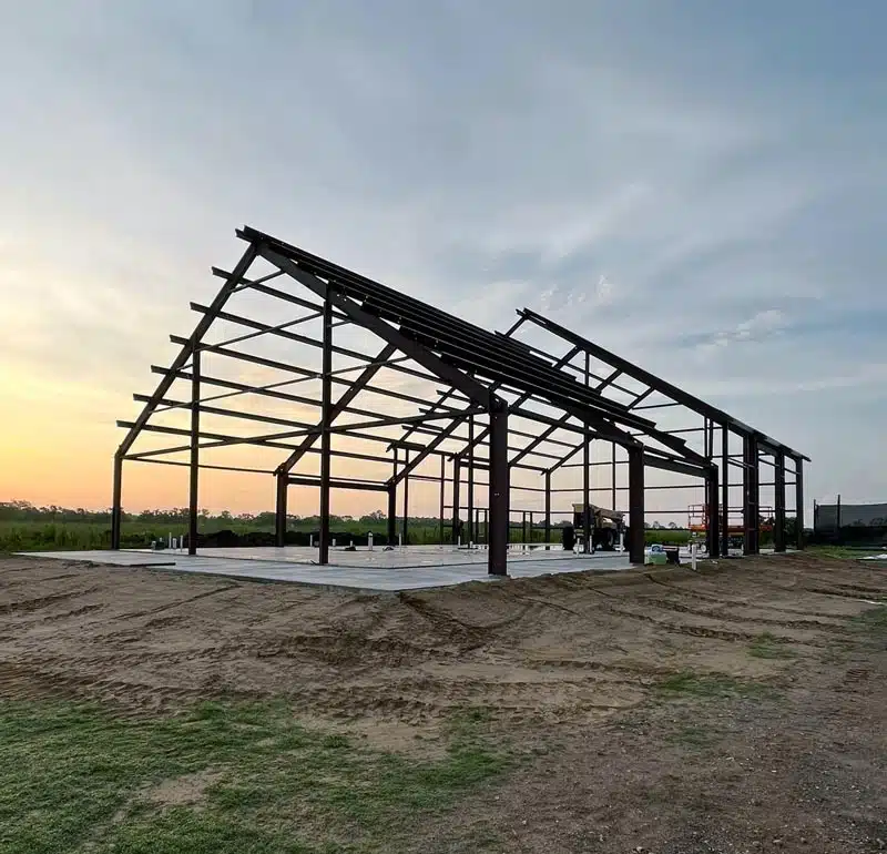 Barndominium frame at sunset in South Carolina