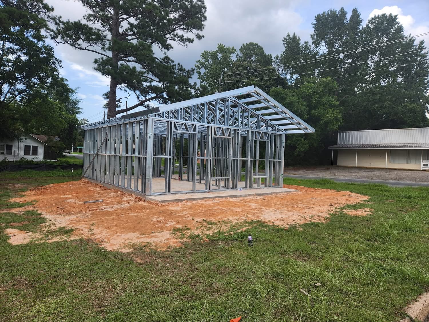 Steel barndominium frame with pitched roof in South Carolina